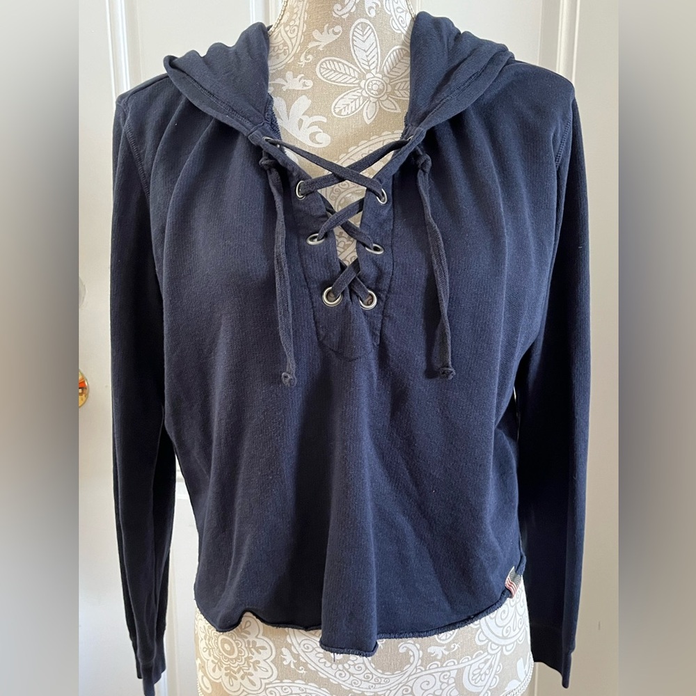 Denim & Supply Ralph Lauren Lace Up Cropped Hoodie Navy Blue Medium Pullover